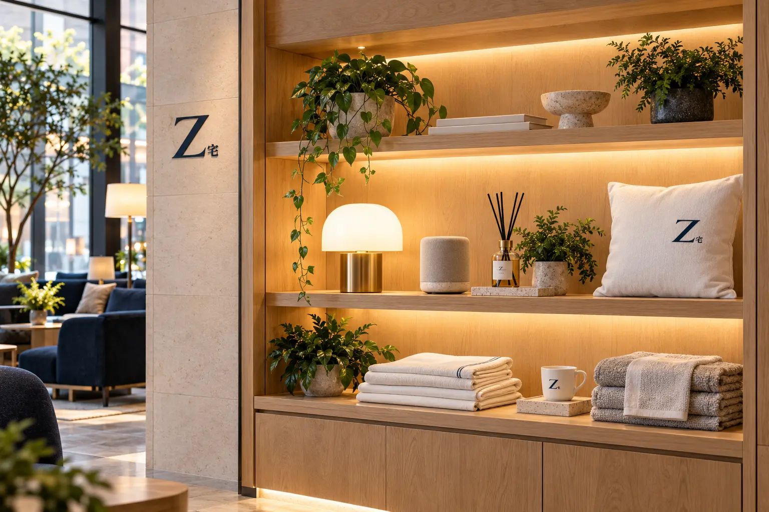 Curated pillows, towels and room accessories in the ZHAI lobby