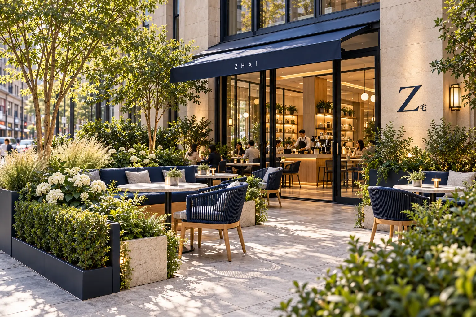 Urban garden café with navy seating, trees and white flowers