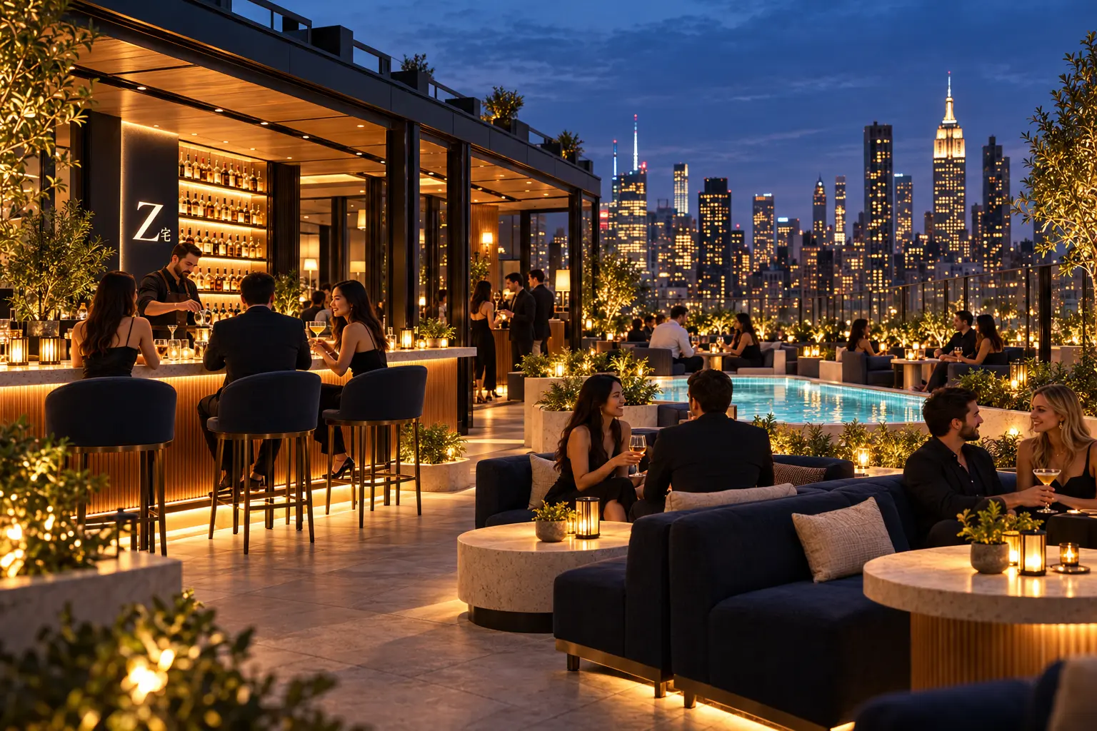Intimate rooftop pool and lounge bar overlooking the concept city skyline
